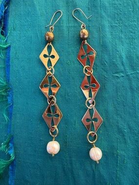 Long Gold-Tone Linked Drop Earrings with Pearl Accent